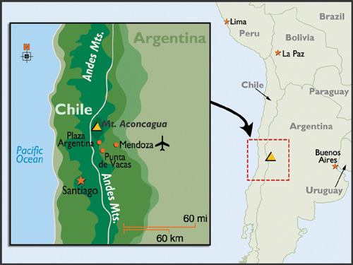 De Aconcagua ligt in het grensgebied van Argentinië en Chili